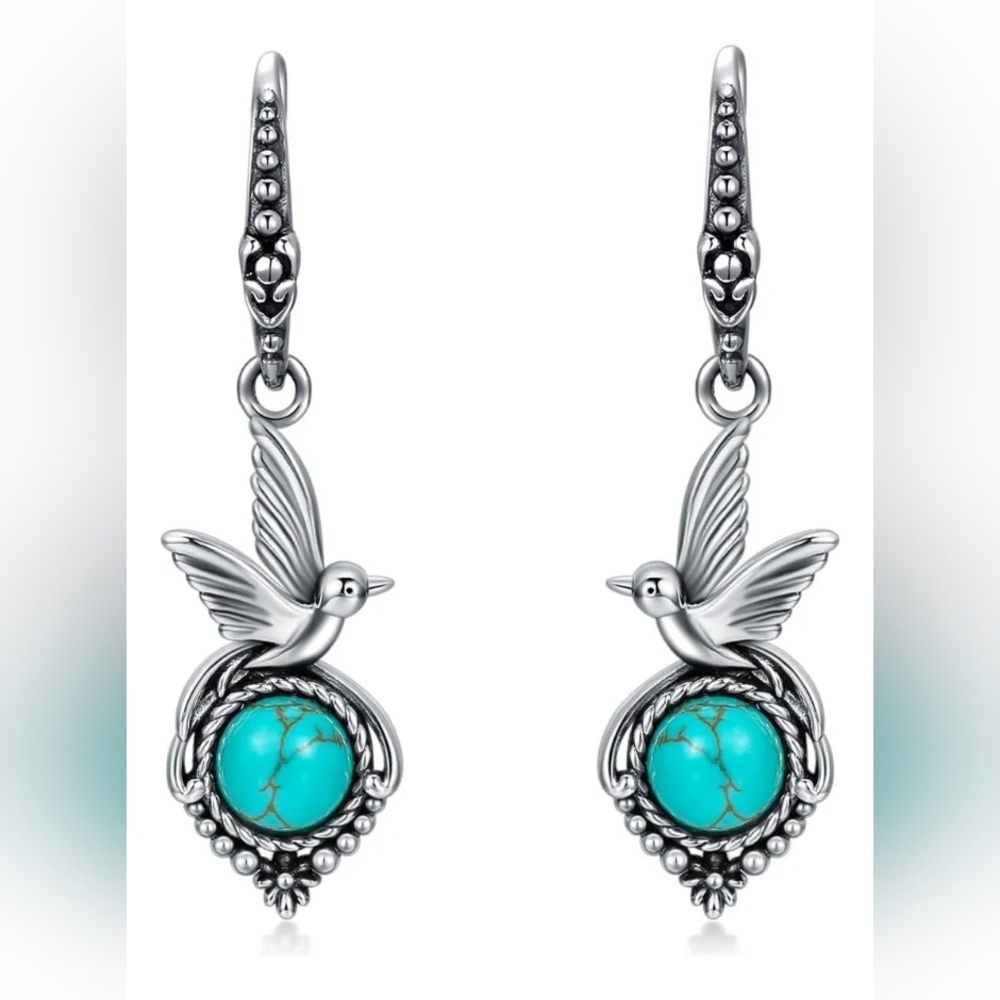 .925 Sterling Silver Hummingbird Drop Earrings with Turquoise Stones